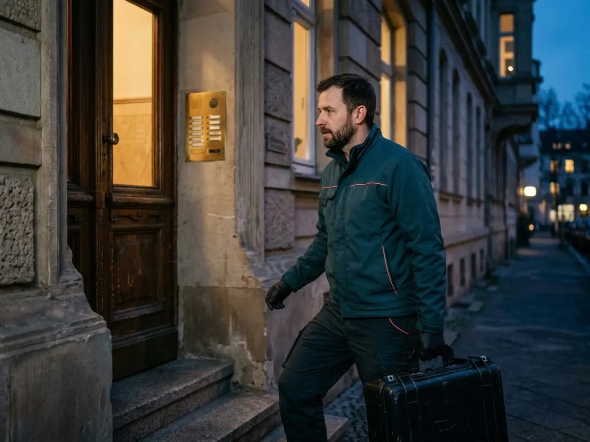 Techniker steigt mit Ausrüstungskoffer aus dem Servicewagen vor einem Wohnhaus