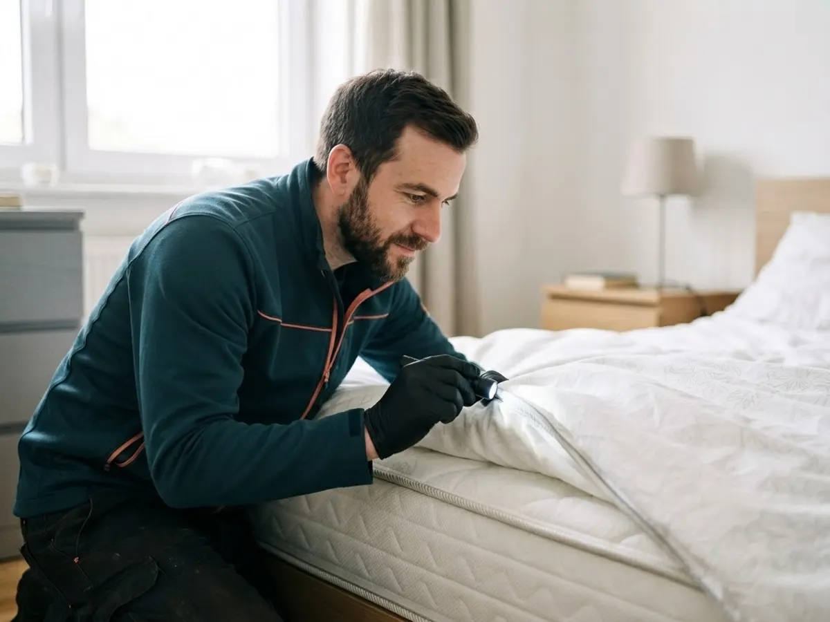 Techniker untersucht die Matratzennaht eines Bettes mit einer Taschenlampe