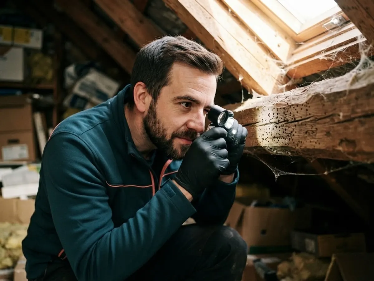 Techniker prüft einen Holzbalken mit Bohrlöchern im Dachstuhl