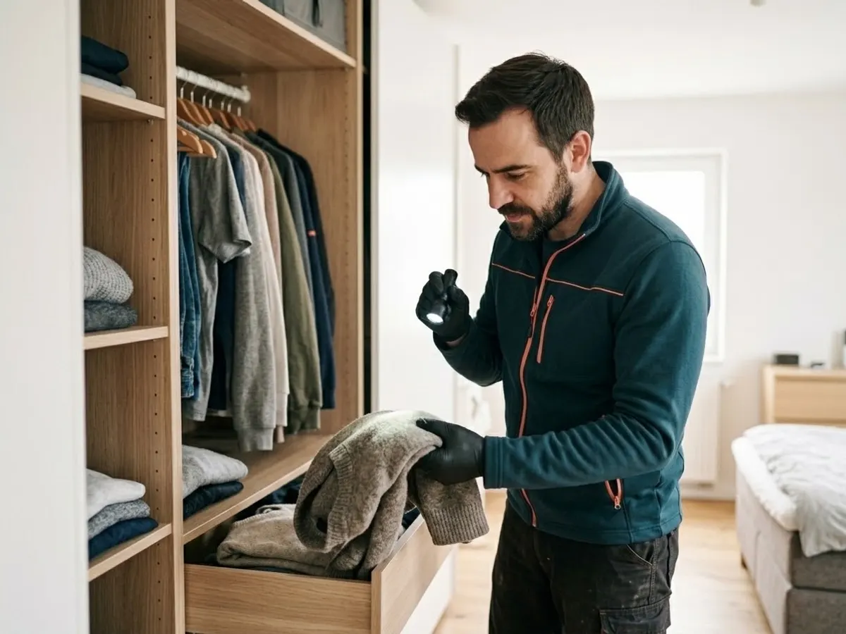 Techniker hält einen Wollpullover mit Mottenlöchern vor einen geöffneten Kleiderschrank