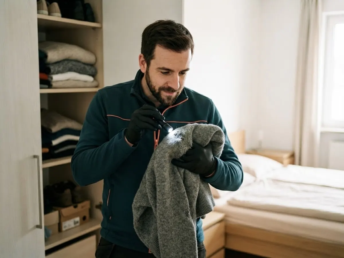 Techniker kontrolliert eine Pheromonfalle in einem Kleiderschrank
