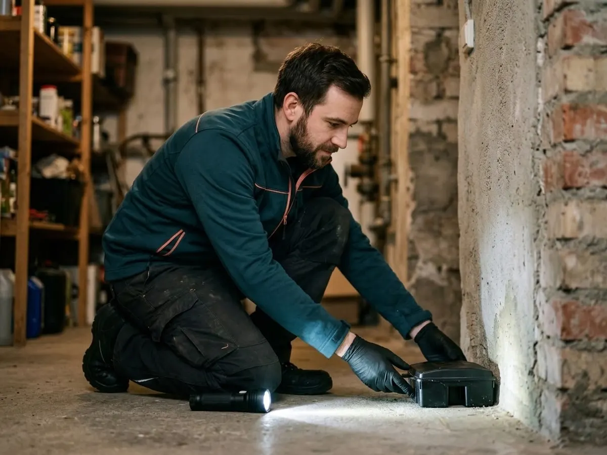 Techniker stellt eine verschlossene Köderstation an einer Kellerwand auf