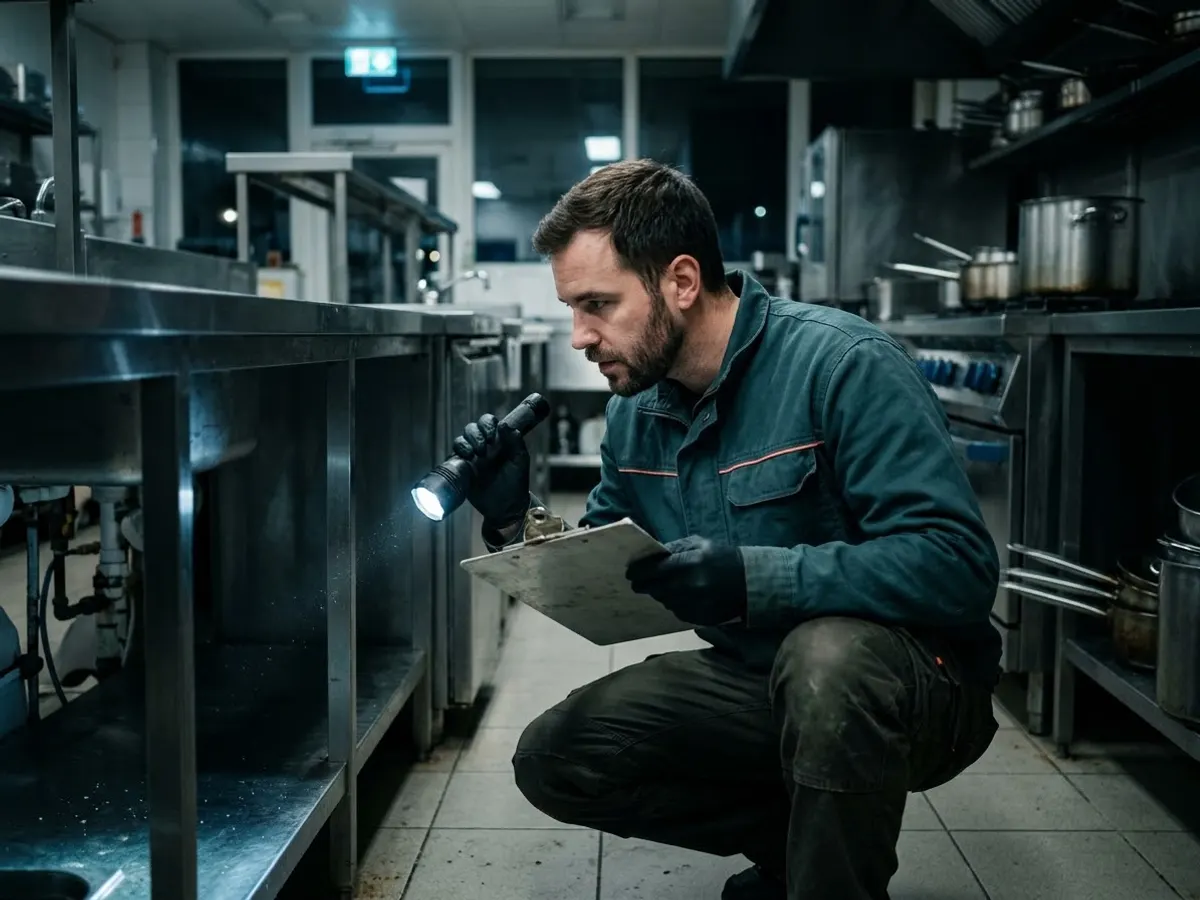 Techniker kontrolliert eine Köderstation im Lager eines Restaurants neben Edelstahlregalen