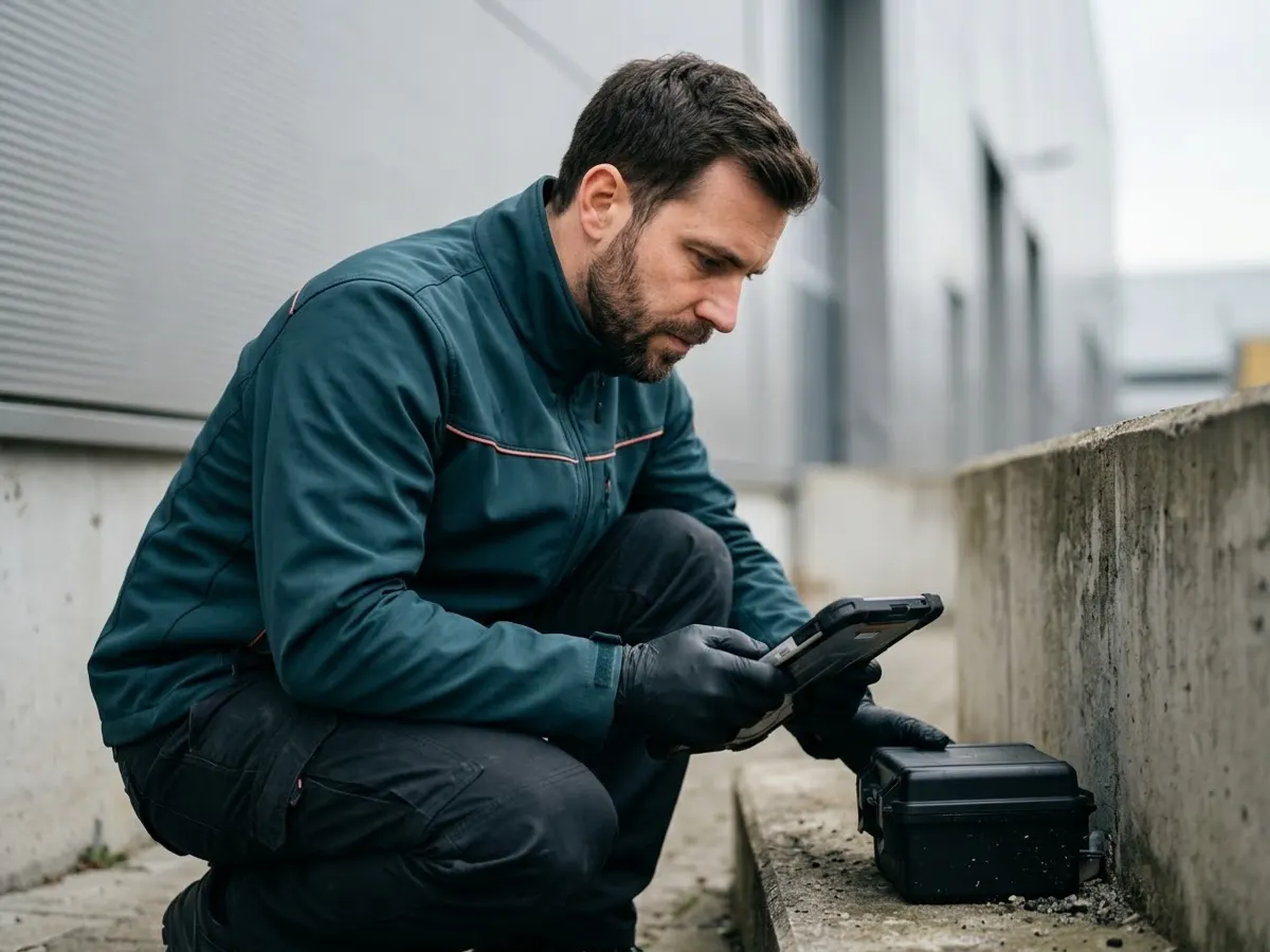 Techniker prüft eine nummerierte Köderstation und notiert das Ergebnis auf dem Tablet