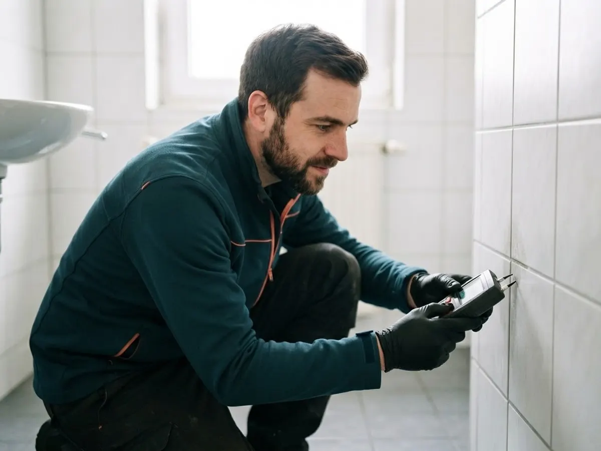 Techniker misst mit einem Feuchtemessgerät an einer Wandecke mit Schimmel