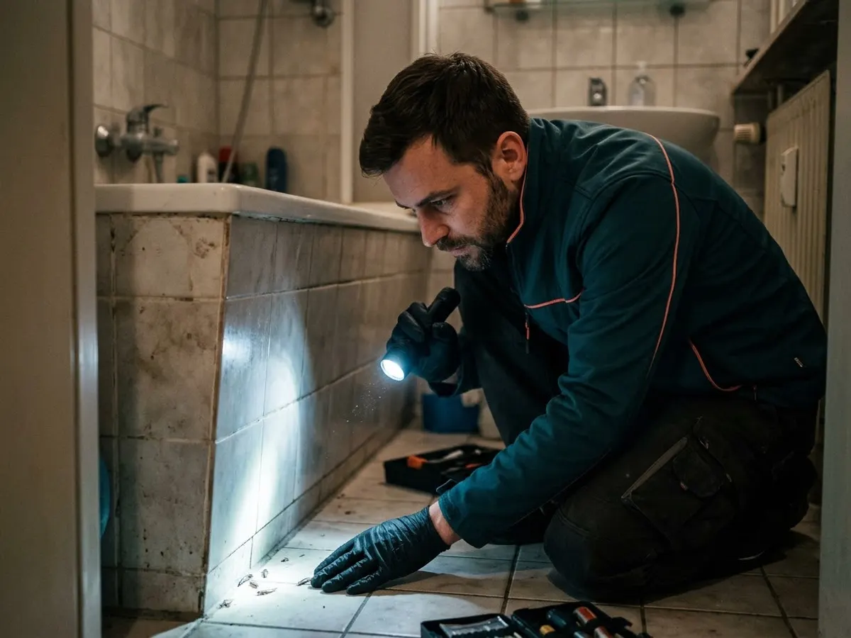 Techniker setzt eine Köderdose an einer Fußleiste im Badezimmer