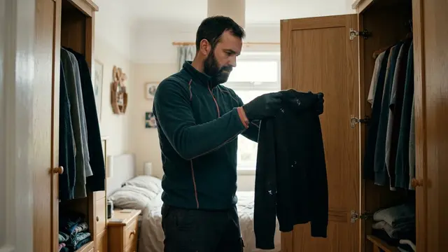 Schädlingsbekämpfer kontrolliert Wollpullover in einem Kleiderschrank auf Mottenlarven