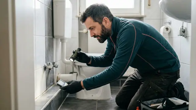 Schädlingsbekämpfer prüft mit Taschenlampe die Fugen hinter einer Badewanne auf Silberfischchen