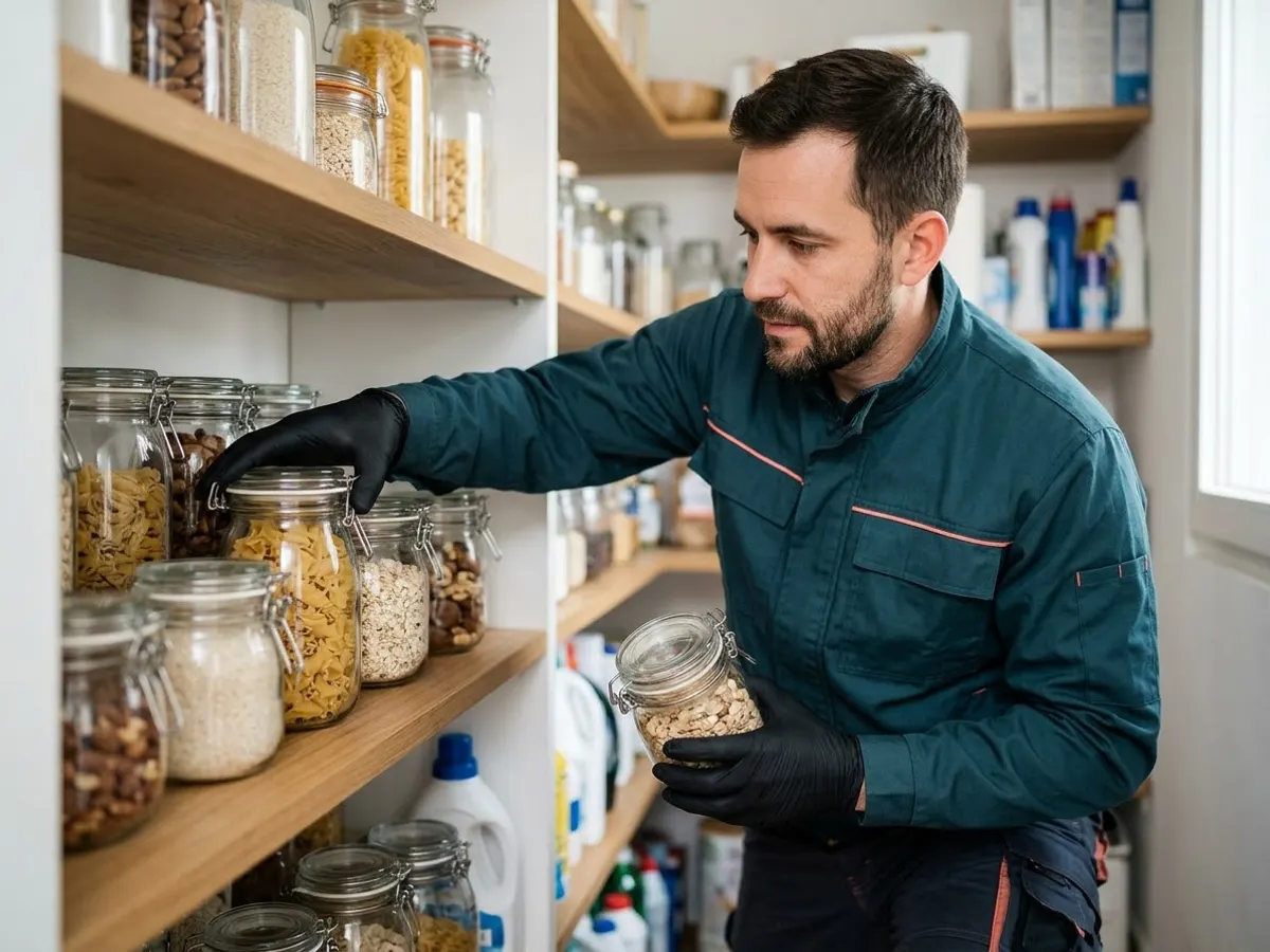 Vorratsschrank mit Schraubgläsern voller Nudeln, Reis und Müsli